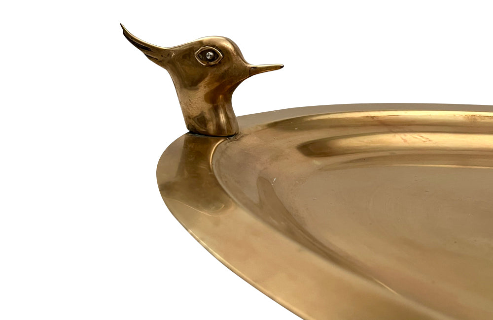 Large Mid-Century French Brass Oval Tray with Lapwing Handles