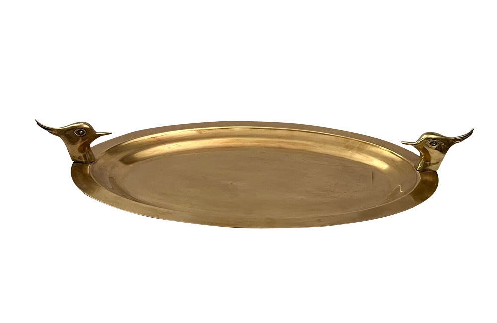 Large Mid-Century French Brass Oval Tray with Lapwing Handles