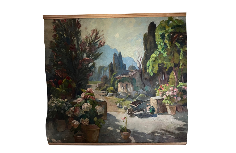 Antique painting of a French Country house garden. 