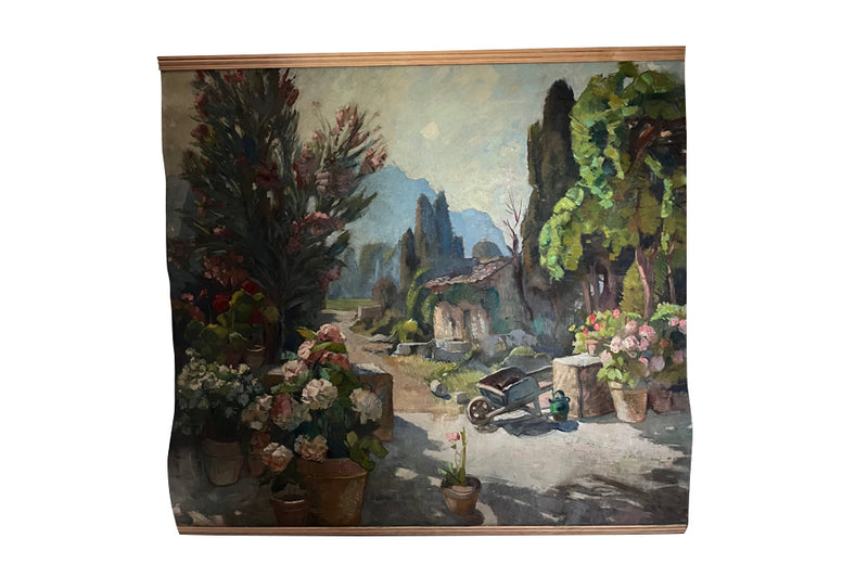 Antique painting of a French Country house garden. 