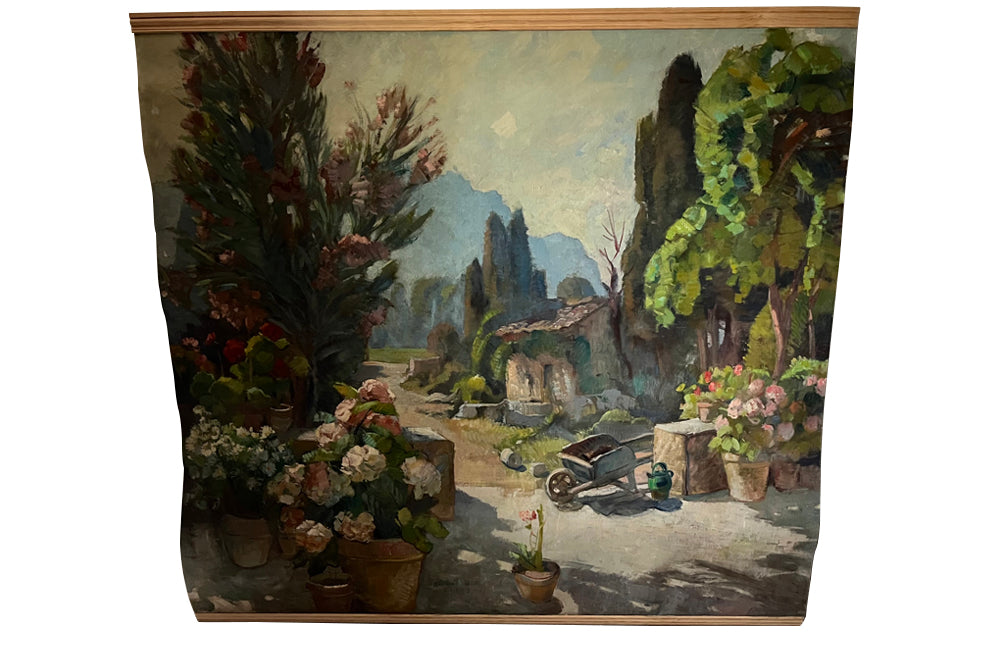 Antique painting of a French Country house garden. 