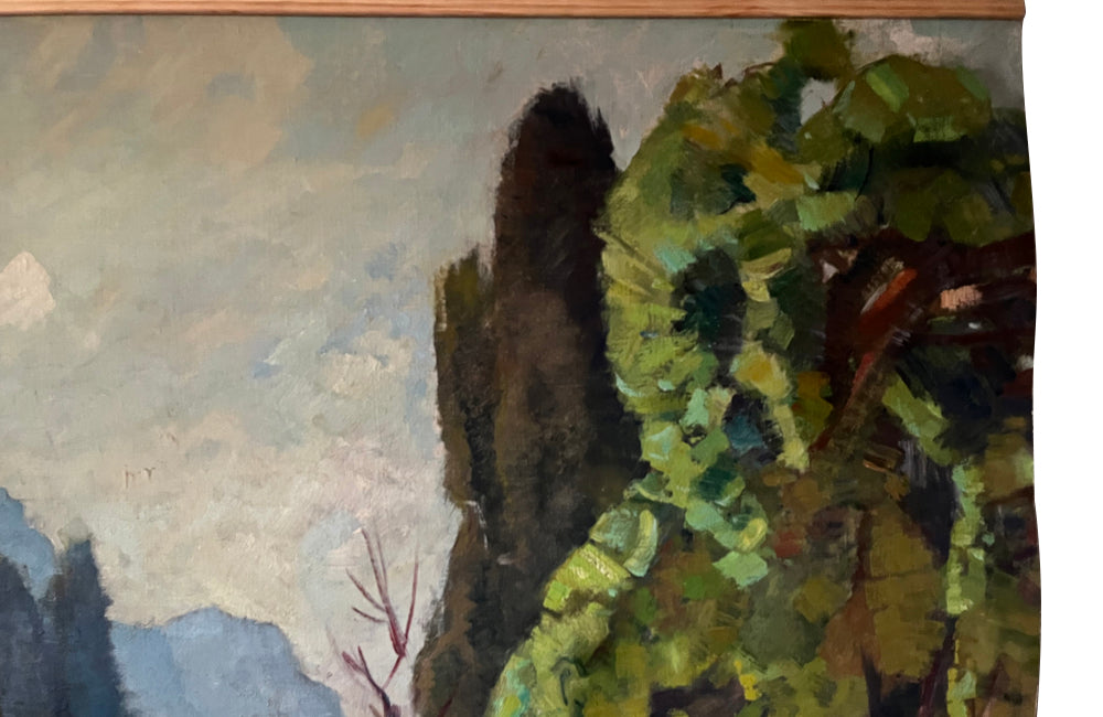 Antique painting of a French Country house garden. 