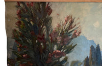 Antique painting of a French Country house garden. 