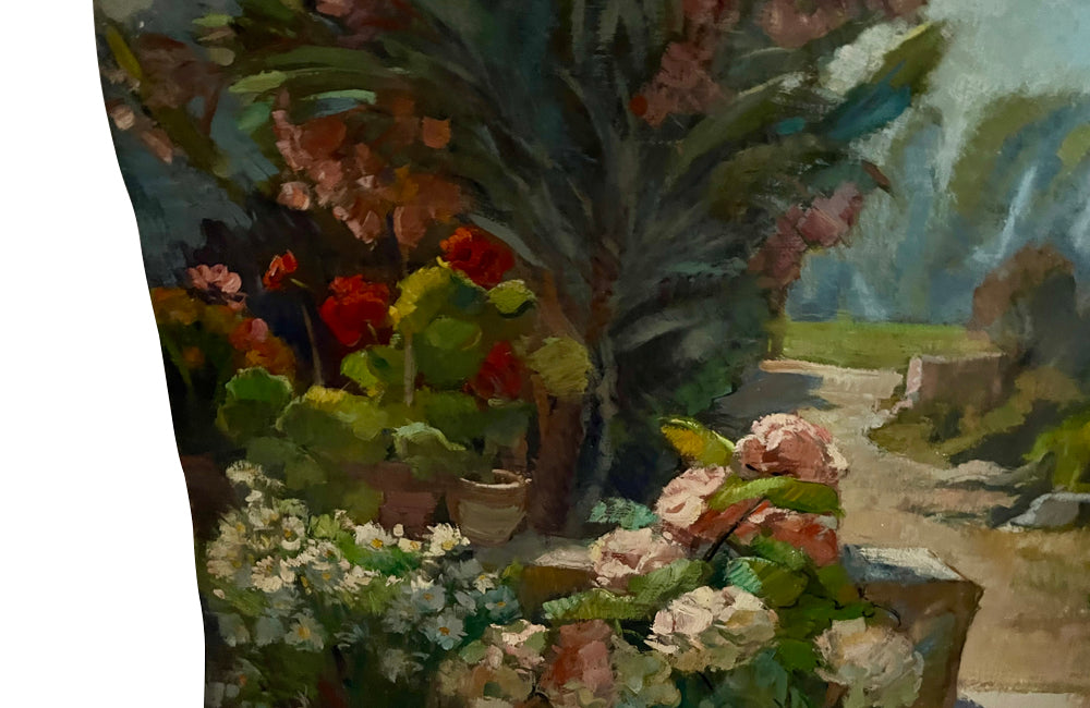 Antique painting of a French Country house garden. 