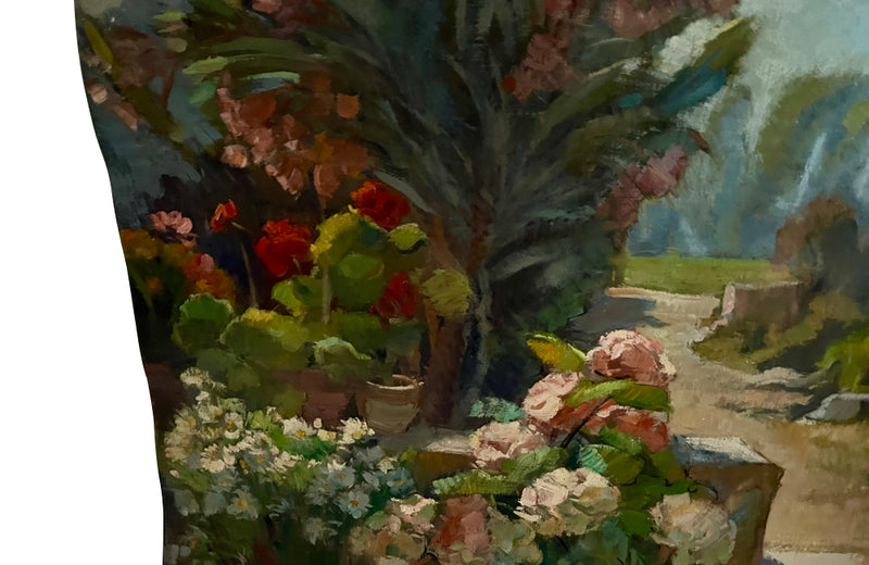 Antique painting of a French Country house garden. 