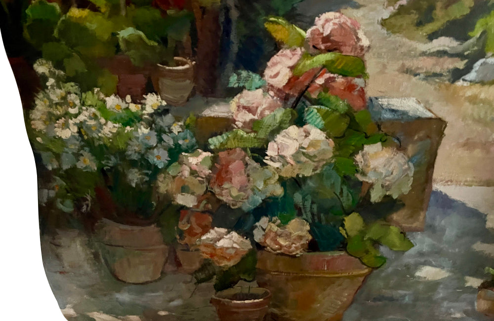 Antique painting of a French Country house garden. 