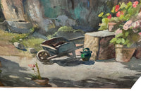 Antique painting of a French Country house garden. 