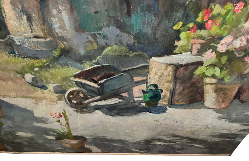 Antique painting of a French Country house garden. 