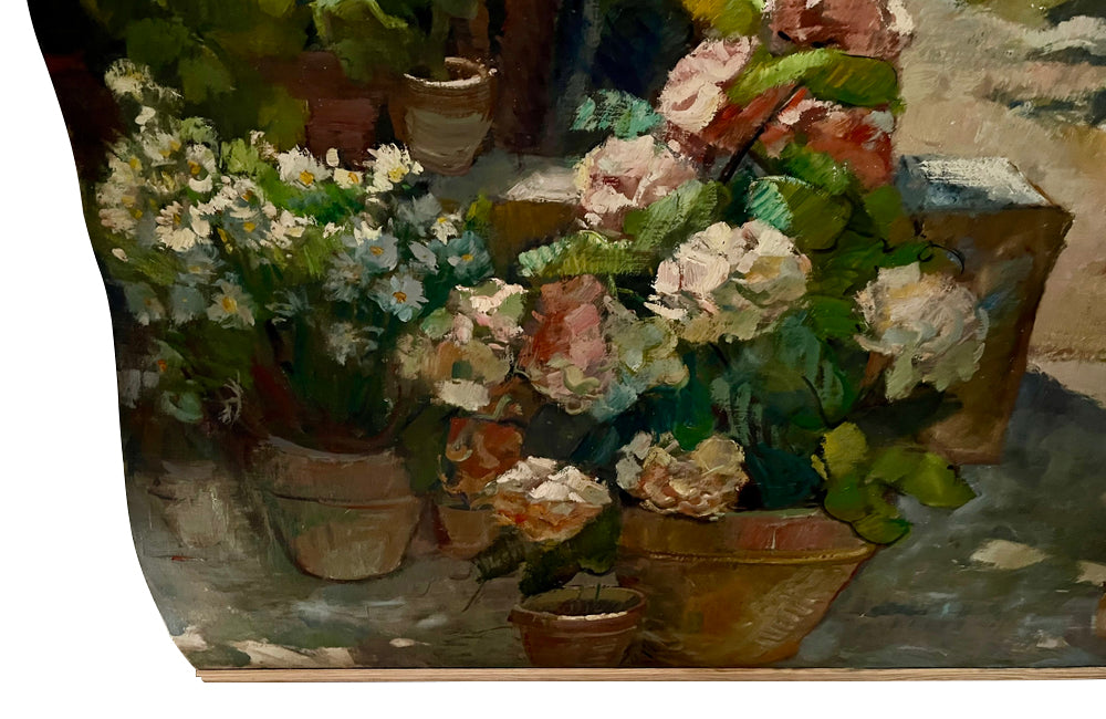 Antique painting of a French Country house garden. 