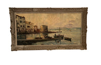 Large mid-20th Century oil on canvas painting of fishing boats off the Saint Tropez coast.