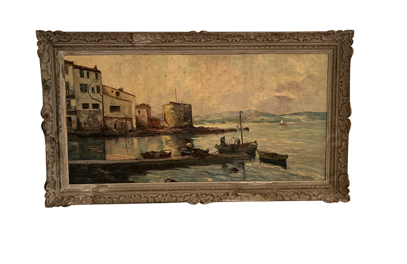 Large mid-20th Century oil on canvas painting of fishing boats off the Saint Tropez coast.