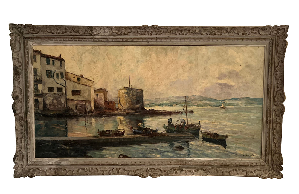 Large mid-20th Century oil on canvas painting of fishing boats off the Saint Tropez coast.