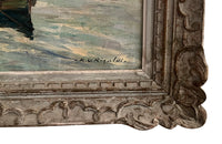 Large mid-20th Century oil on canvas painting of fishing boats off the Saint Tropez coast.