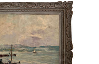 Large mid-20th Century oil on canvas painting of fishing boats off the Saint Tropez coast.