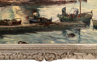 Large mid-20th Century oil on canvas painting of fishing boats off the Saint Tropez coast.