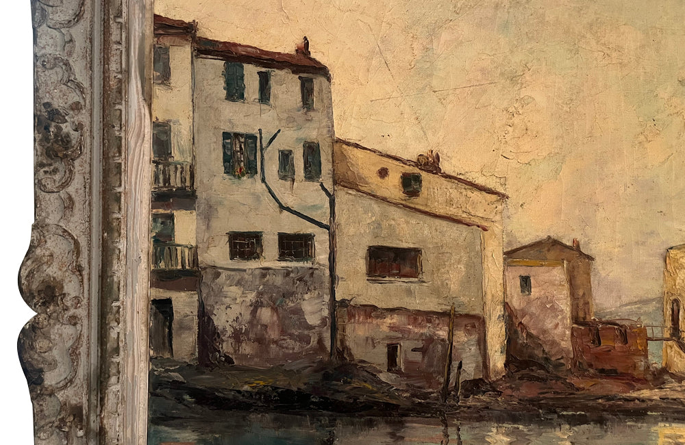 Large mid-20th Century oil on canvas painting of fishing boats off the Saint Tropez coast.