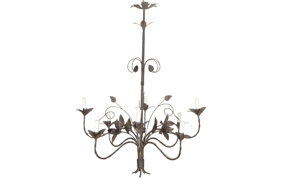 Large mid 20th century French Iion floral and foliate chandelier
