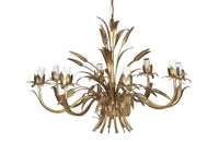 Large Mid-Century French, Hollywood Regency style, gilt tole wheat sheaf chandelier with eight curved leaved branches bulb holders