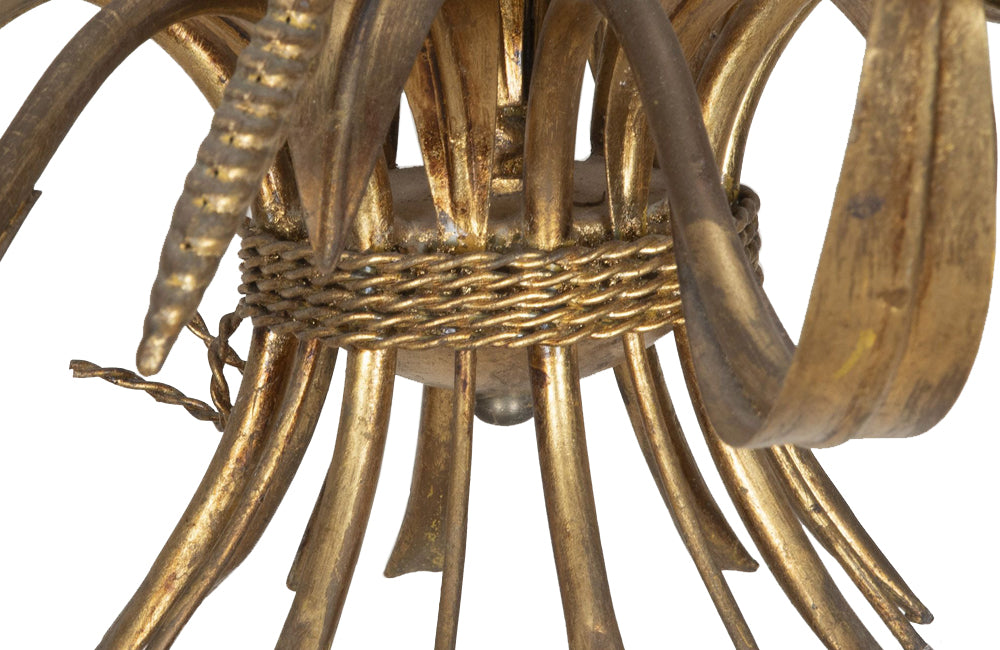 Large Mid-Century French, Hollywood Regency style, gilt tole wheat sheaf chandelier with eight curved leaved branches bulb holders