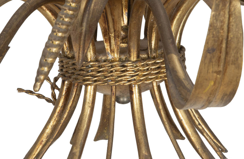 Large Mid-Century French, Hollywood Regency style, gilt tole wheat sheaf chandelier with eight curved leaved branches bulb holders