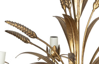 Large Mid-Century French, Hollywood Regency style, gilt tole wheat sheaf chandelier with eight curved leaved branches bulb holders