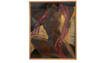 Large 20th Century French oil on canvas painting of a female nude draping a long pink scarf over her shoulders by Jean Perret
