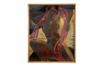 Large 20th Century French oil on canvas painting of a female nude draping a long pink scarf over her shoulders by Jean Perret