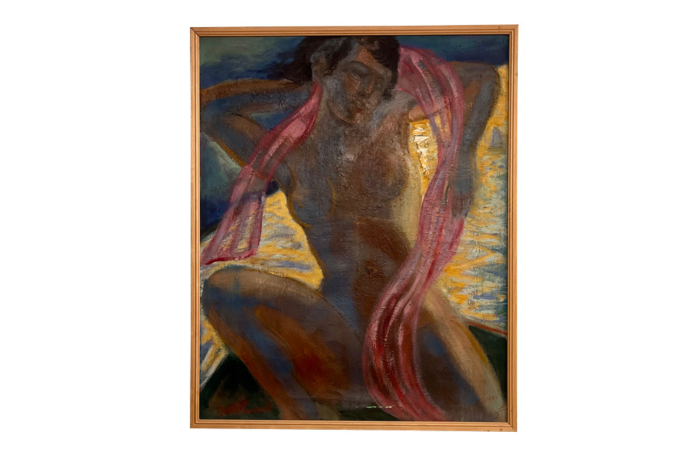 Large 20th Century French oil on canvas painting of a female nude draping a long pink scarf over her shoulders by Jean Perret