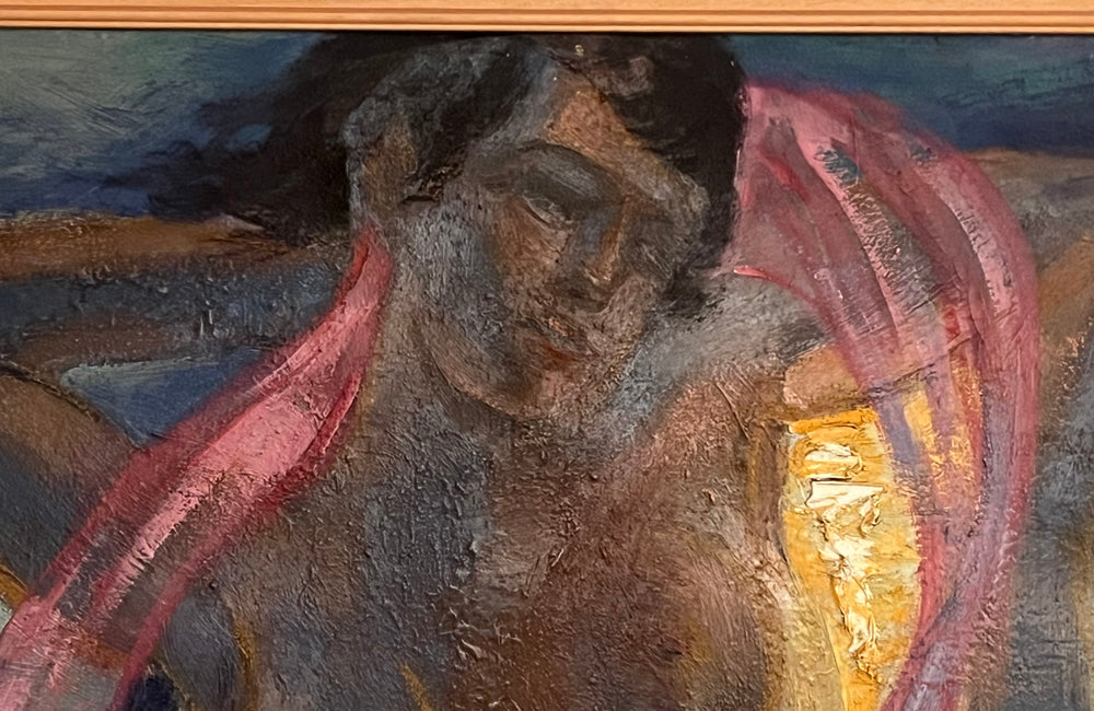 Large 20th Century French oil on canvas painting of a female nude draping a long pink scarf over her shoulders by Jean Perret