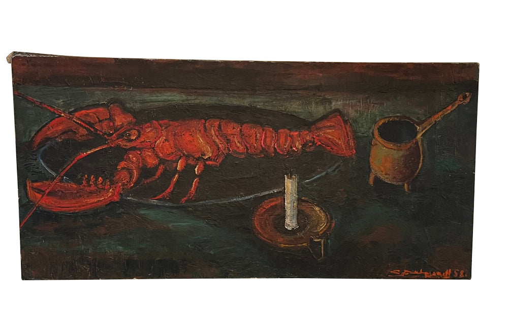 Large mid 20th century French still life painting of a lobster 