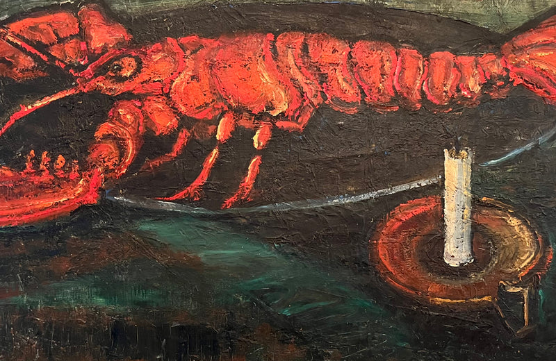 Large mid 20th century French still life painting of a lobster 