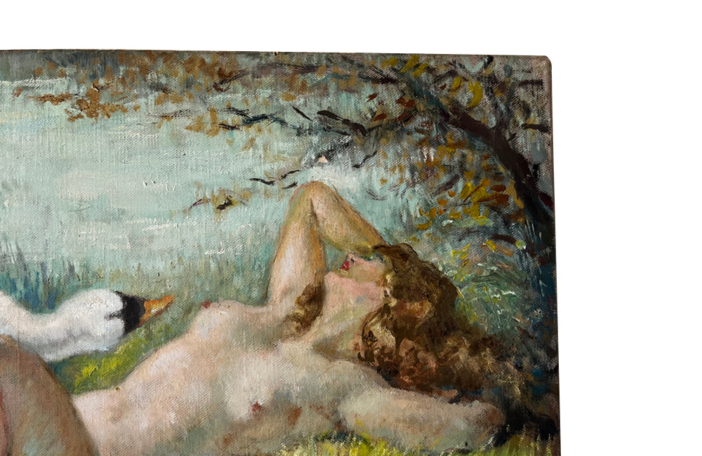 Original oil painting of 'Leda & The Swan' by French artist Yves Diey (1892-1984). 