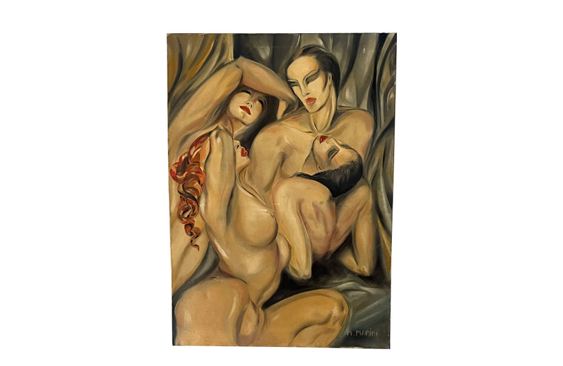 Large oil on canvas painting of four nudes after Lempika