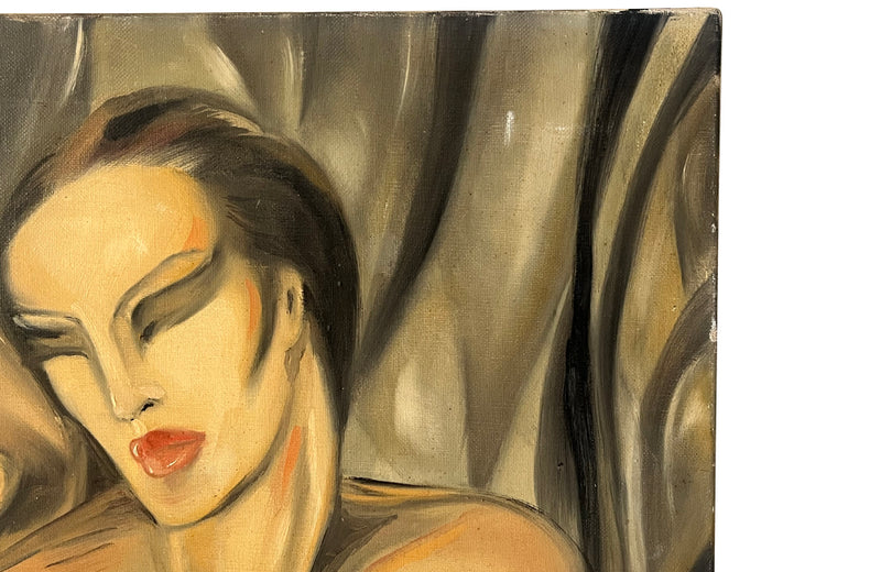 Large oil on canvas painting of four nudes after Lempika