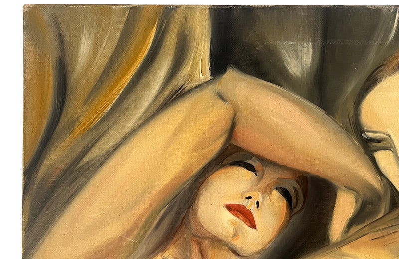 Large oil on canvas painting of four nudes after Lempika