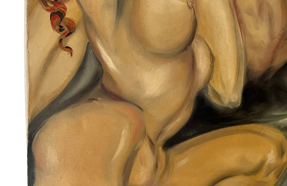 Large oil on canvas painting of four nudes after Lempika
