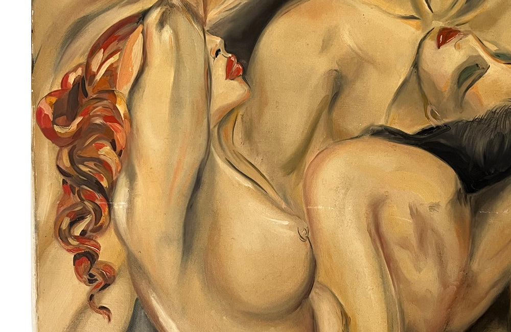 Large oil on canvas painting of four nudes after Lempika