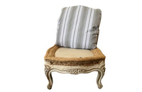 Large French footstool in the Louis XV style with feather-filled cushion upholstered in ticking. 