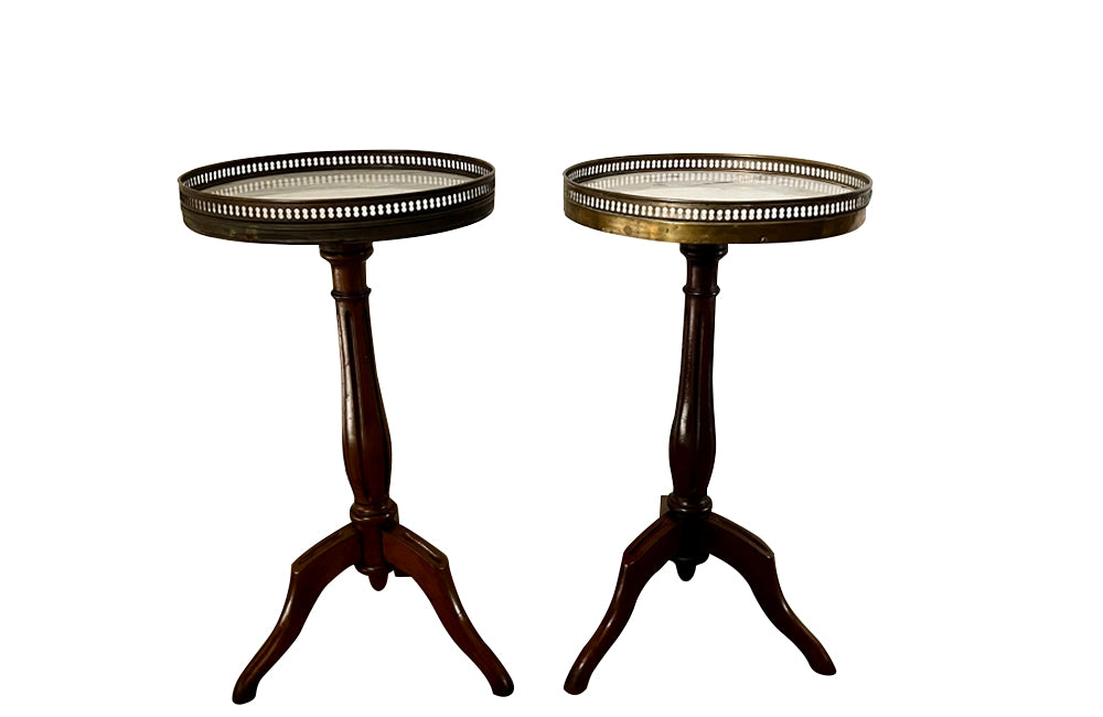 Louis XVI revival wine tables end tables in the neoclassical style with marble tops and brass pierced gallery - French Antique Furniture