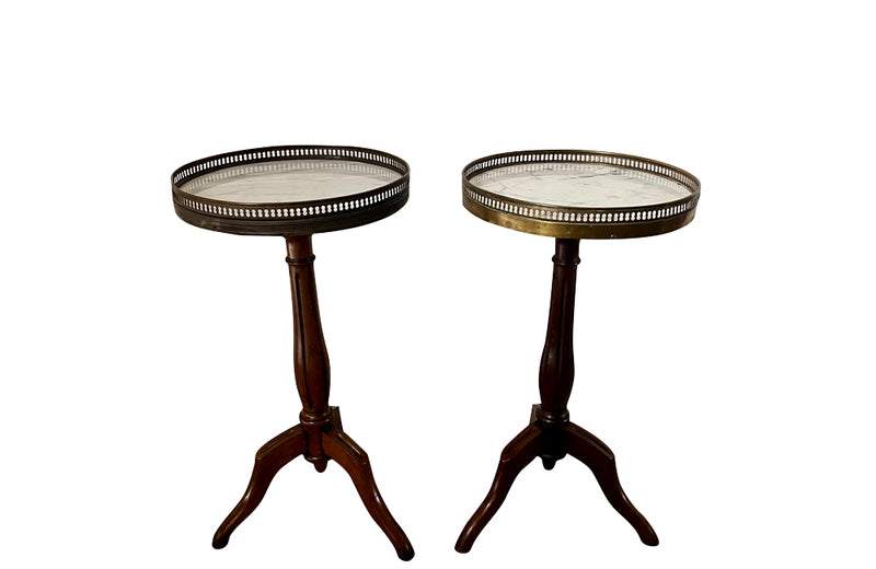 Louis XVI revival wine tables end tables in the neoclassical style with marble tops and brass pierced gallery - French Antique Furniture