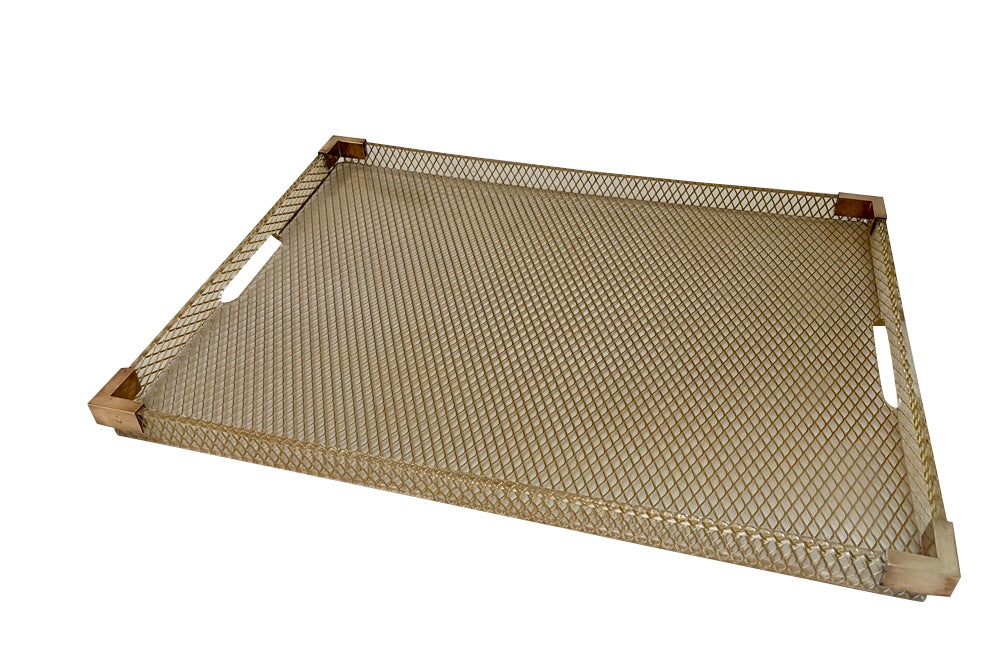 Large lucite tray with brass corners and embedded mesh with two incorporated handles sitting on a separate brass stand.