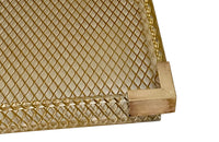 Large lucite tray with brass corners and embedded mesh with two incorporated handles sitting on a separate brass stand.