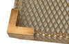 Large lucite tray with brass corners and embedded mesh with two incorporated handles sitting on a separate brass stand.