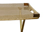Large lucite tray with brass corners and embedded mesh with two incorporated handles sitting on a separate brass stand.