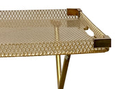 Large lucite tray with brass corners and embedded mesh with two incorporated handles sitting on a separate brass stand.