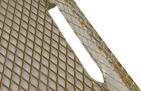 Large lucite tray with brass corners and embedded mesh with two incorporated handles sitting on a separate brass stand.