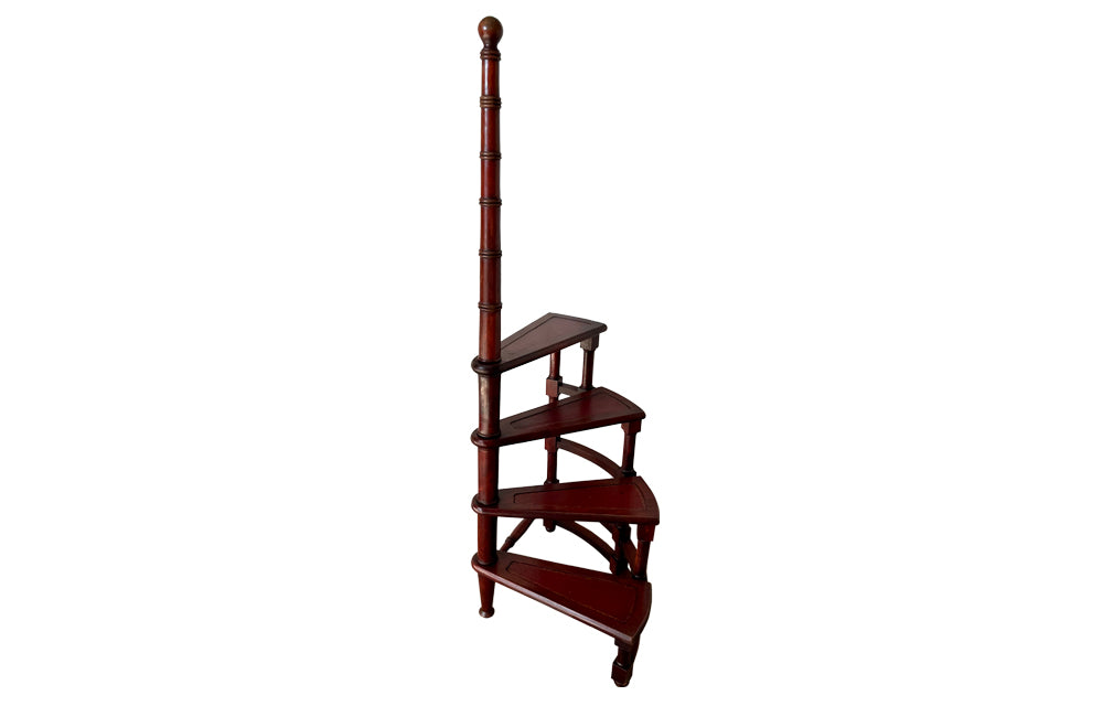 Set of French faux bamboo mahogany and leather library steps. 