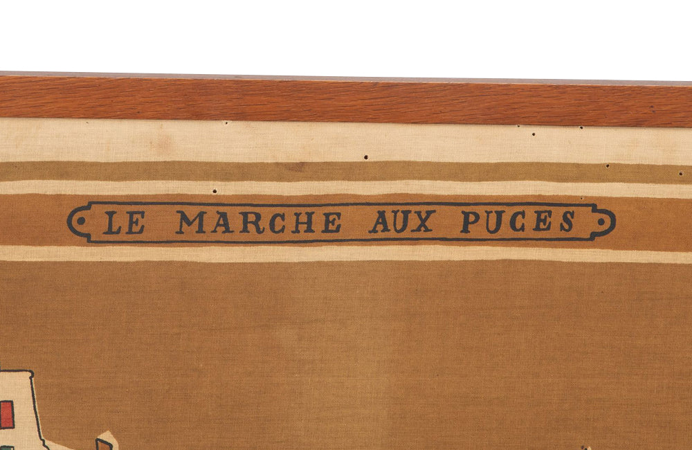 A large silkscreen print on cotton signed Jean Denis Malcles 'Le Marché Aux Puces'