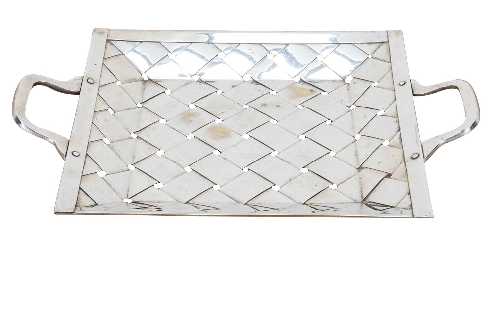 Decorative mid-century Italian basket-weave worn silver plate aperitif tray with handles