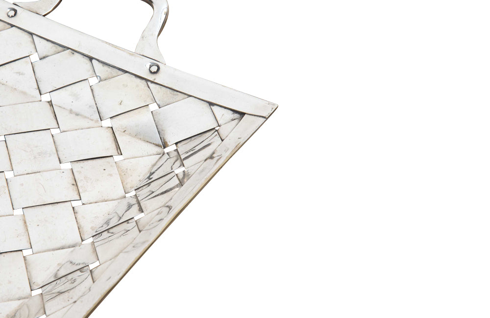Decorative mid-century Italian basket-weave worn silver plate aperitif tray with handles